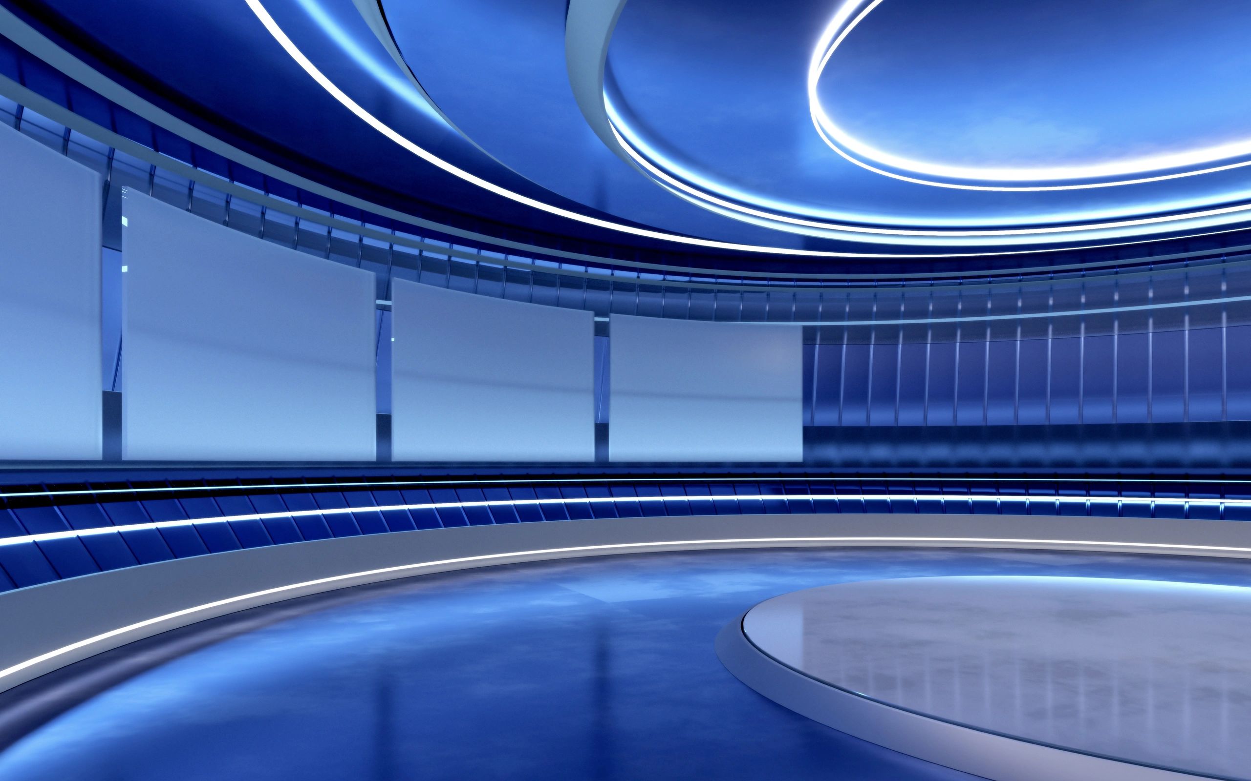 Virtual television studio backdrop with blue lighting