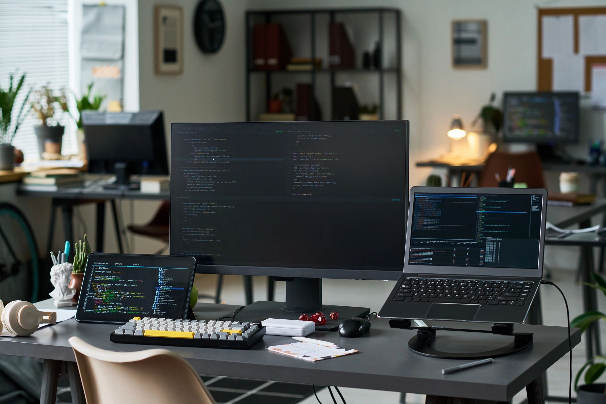 Developer workspace with code on multiple screens